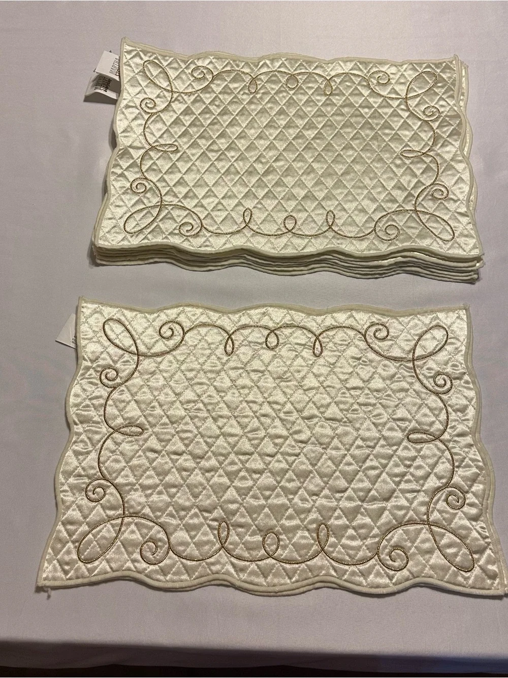 Martha Stewart Cream Quilted Placemat Set with Gold Scroll Embroidery set of 10